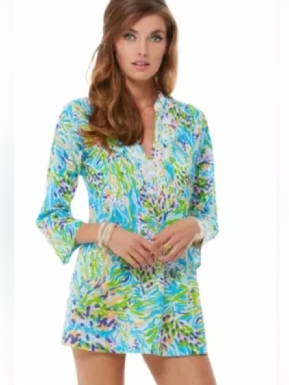 Lilly Pulitzer Sarasota Beaded Pintuck Tunic Top in Sea Soiree S